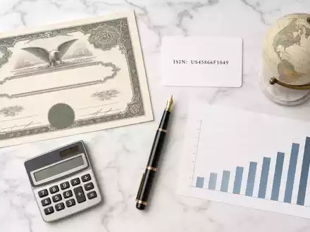 Intercontinental Exchange US45866F1049 Flatlay mit Aktienzertifikat ISIN Karte Füllfederhalter Taschenrechner und kleinem Globus - Foto: THN