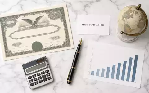 Intercontinental Exchange US45866F1049 Flatlay mit Aktienzertifikat ISIN Karte Füllfederhalter Taschenrechner und kleinem Globus - Foto: THN