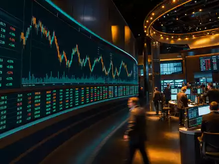 Intercontinental Exchange Terminbörse US45866F1049 gebogene LED Wand zeigt ENERGY COMMODITIES Charts unter dramatischem Scheinwerferlicht - Foto: THN