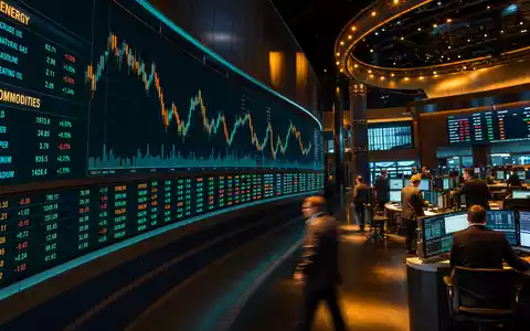 Intercontinental Exchange Terminbörse US45866F1049 gebogene LED Wand zeigt ENERGY COMMODITIES Charts unter dramatischem Scheinwerferlicht - Foto: THN