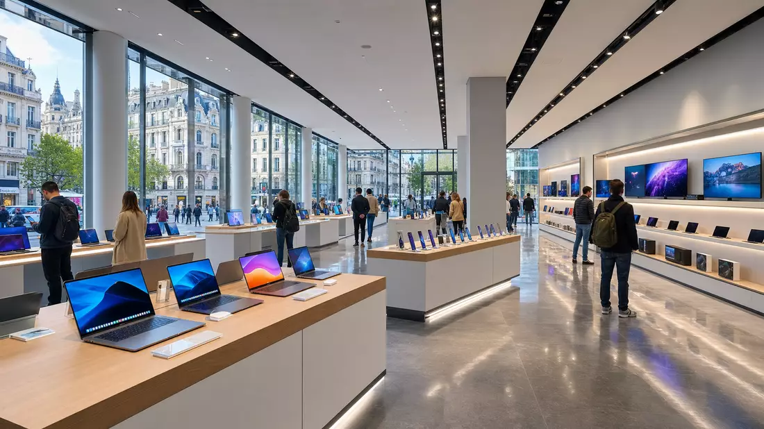Moderner Elektronikmarkt-Innenraum mit Kunden beim Stöbern an beleuchteten Produkttischen