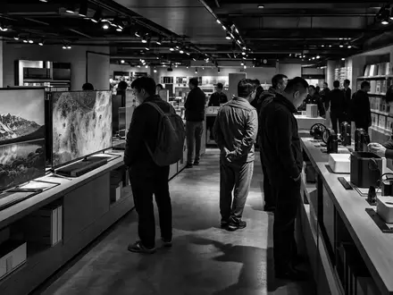 Ceconomy AG Elektronikhandel DE0007257503 dokumentarische Schwarzweiß-Reportage im Fachmarkt mit Kunden und Geräten - Foto: THN