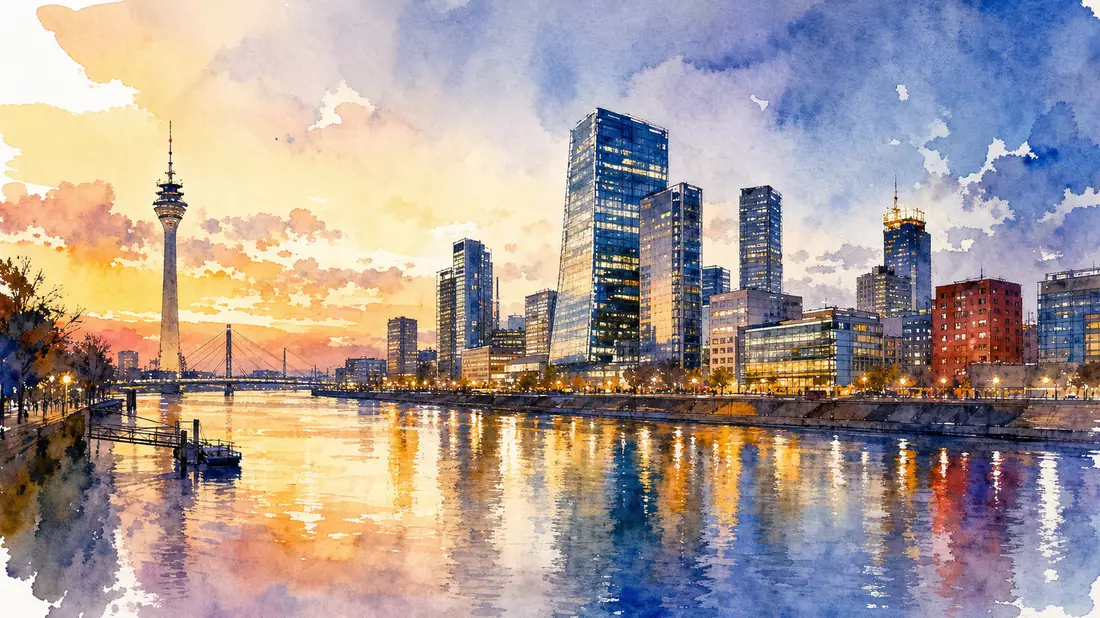 Aquarellmalerei der Düsseldorfer Skyline mit modernen Bürotürmen und Rheinspiegelung
