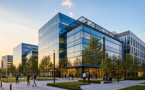 Ceconomy AG DE0007257503 Architektur-CGI-Render eines modernen Firmensitzes mit Glas-Stahl-Fassade Plaza und Abenddämmerung - Foto: THN