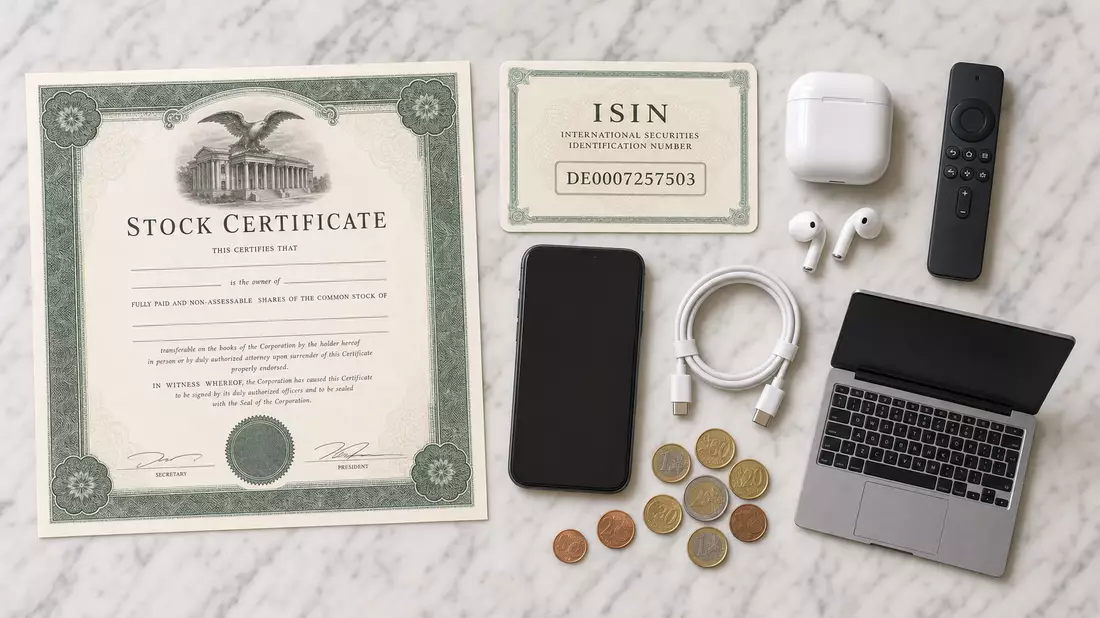 Flatlay-Arrangement mit Börsenzertifikat, ISIN-Karte, Smartphone und Elektronikzubehör auf Marmor