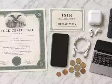 Ceconomy AG DE0007257503 Flatlay auf Marmor mit Aktienzertifikat ISIN-Karte Smartphone und Euro-Münzen - Foto: THN
