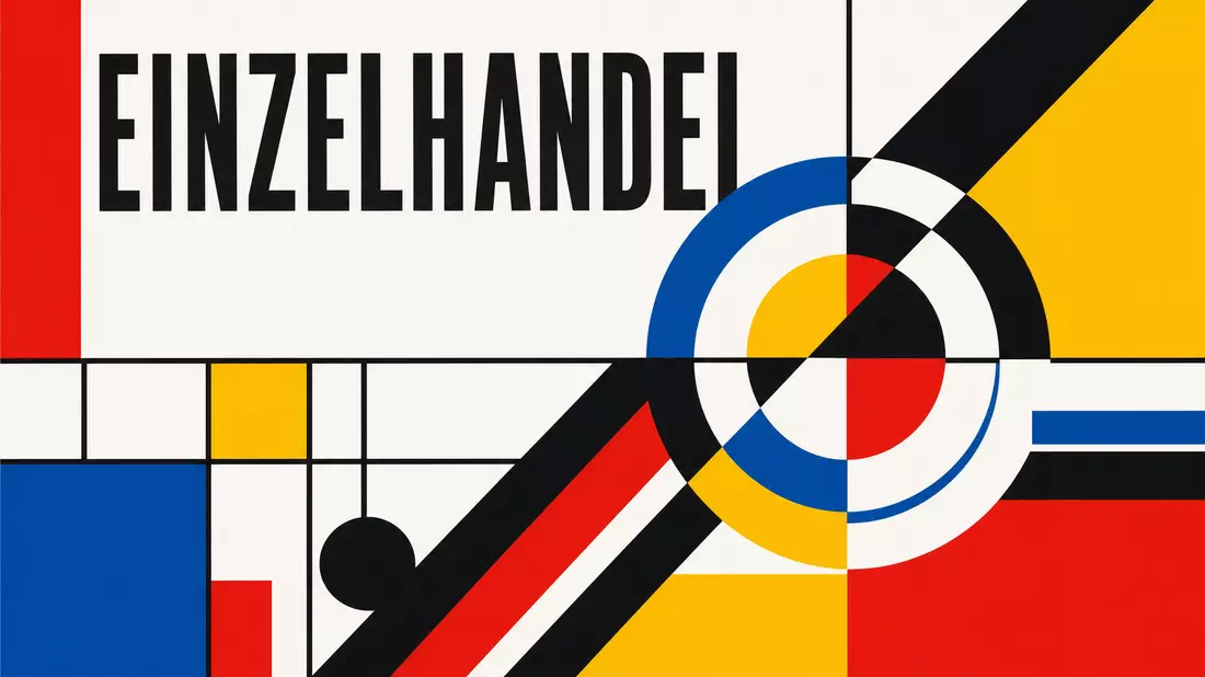Bauhaus-Grafikdesign-Poster mit dem Wort EINZELHANDEL und geometrischen Formen in Primärfarben