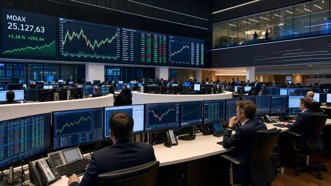 Frankfurter Börsensaal mit Händlern an Bildschirmen, MDAX-Kurstafel und Candlestick-Charts