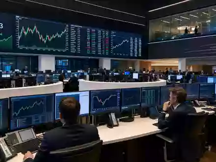 Ceconomy AG DE0007257503 Börsen-Editorial im Frankfurter Saal mit MDAX-Kursanzeige Händlern und grünen Charts - Foto: THN