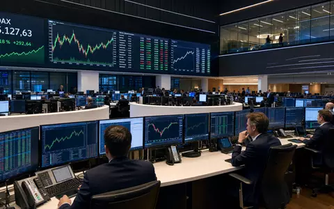Ceconomy AG DE0007257503 Börsen-Editorial im Frankfurter Saal mit MDAX-Kursanzeige Händlern und grünen Charts - Foto: THN