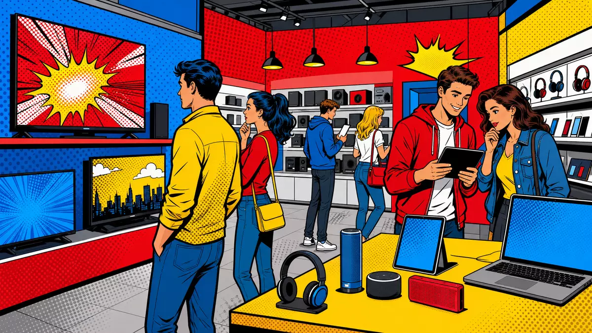 Buntes Pop-Art-Comic mit Halbtonpunkten: stilisierte Figuren kaufen Fernseher und Gadgets ein