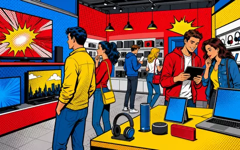Ceconomy AG DE0007257503 Pop-Art-Comic mit stilisierten Kunden beim bunten Elektronikeinkauf im Fachmarkt - Foto: THN