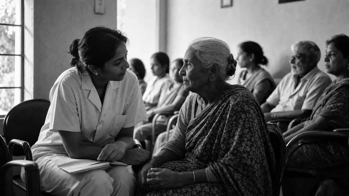 Schwarzweiß-Reportage: Pflegekraft berät ältere Patientin im Wartezimmer einer Gemeinschaftsklinik