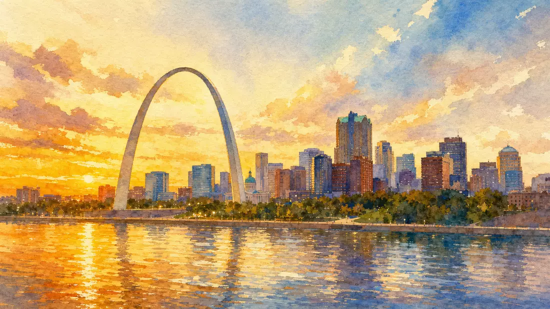 Aquarell der St. Louis Skyline mit Gateway Arch bei Sonnenuntergang, warme Farbtöne, weiche Pinselstriche