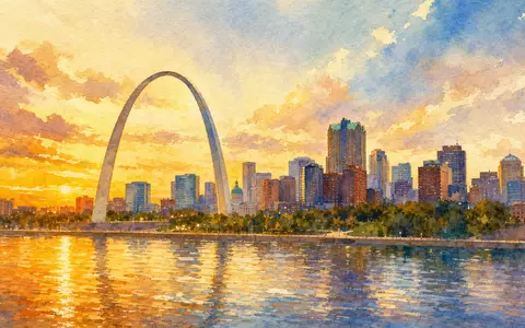 Centene Corp. hat seinen Hauptsitz in St. Louis, als Aquarell-Skyline für Aktie US15133V1035 dargestellt - Foto: THN