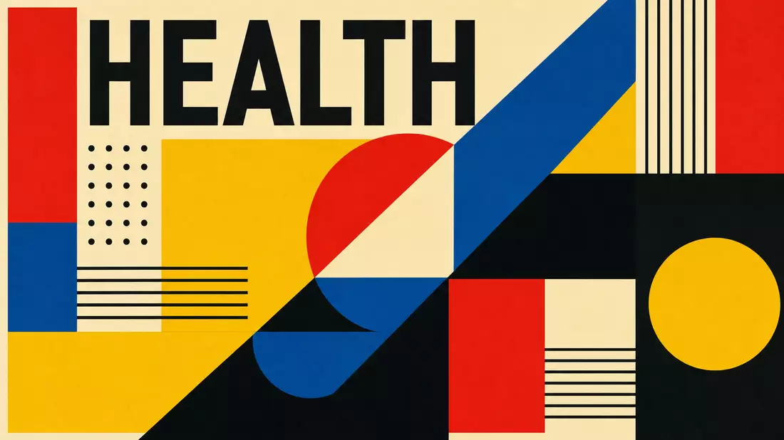 Bauhaus-Poster in Primärfarben mit HEALTH-Schriftzug, geometrische Formen, Kreise und Rechtecke, Retro-Stil