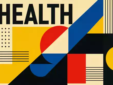 Centene Corp. Gesundheitssektor US15133V1035 im geometrischen Bauhaus-Poster mit großem HEALTH-Schriftzug und kräftigen Primärfarben - Foto: THN