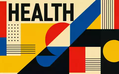 Centene Corp. Gesundheitssektor US15133V1035 im geometrischen Bauhaus-Poster mit großem HEALTH-Schriftzug und kräftigen Primärfarben - Foto: THN