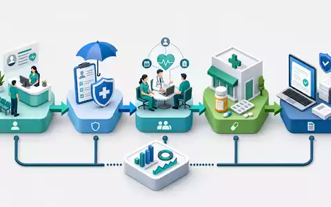 Centene Corp. zeigt die Managed-Care-Wertschöpfungskette US15133V1035 als isometrisches 3D-Prozessdiagramm mit farbiger Kodierung - Foto: THN