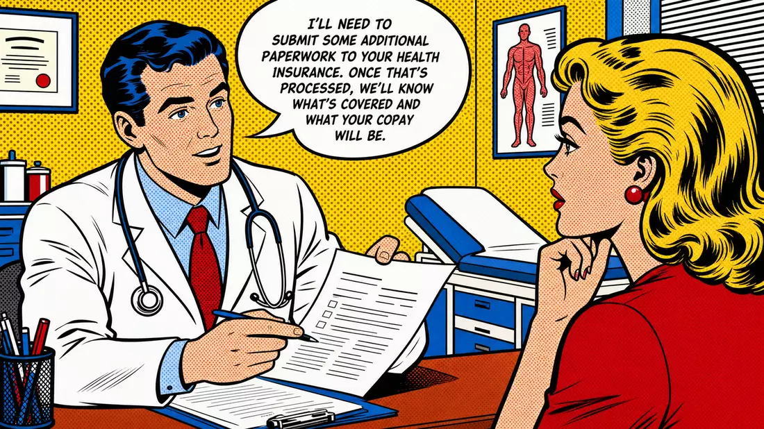 Pop-Art-Comic im Lichtenstein-Stil: Arzt erklärt Patientin Krankenversicherungsformular, Ben-Day-Punkte-Hintergrund