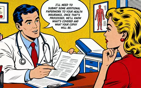 Centene Corp. Krankenversicherung US15133V1035 als farbenfrohe Pop-Art-Comicszene mit Arzt und Patientin beim Gespräch - Foto: THN