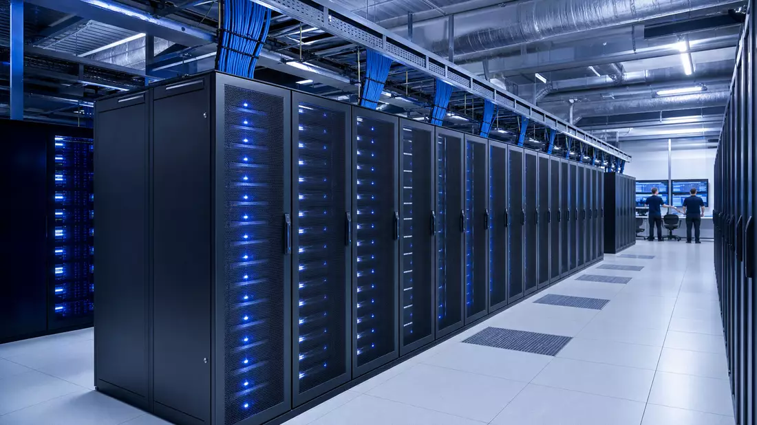 Fotorealistisches Rechenzentrum mit blauen LED-Serverracks und Technikern