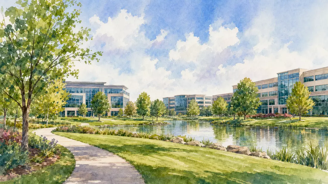 Aquarellmalerei des CDW-Campus in Vernon Hills mit Teich und Bäumen