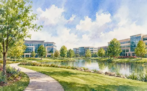 CDW Corp. Firmengelände in Vernon Hills als Aquarell gemalt, pastellfarbene Bürogebäude, ISIN US1258961002 - Foto: THN