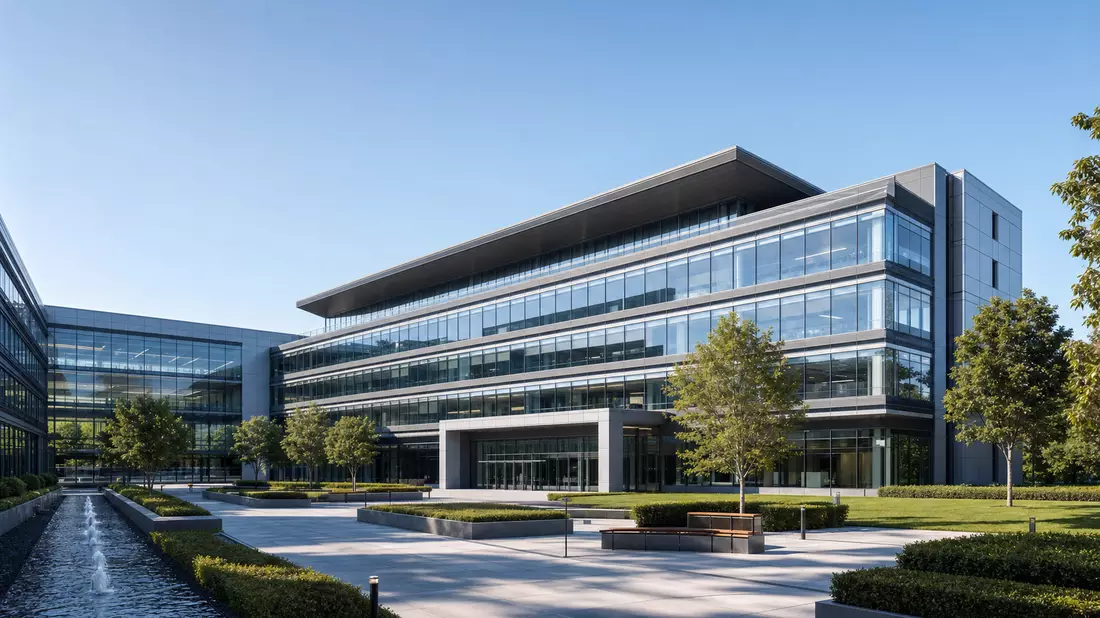 3D-Architekturrender eines modernen Technologie-Bürogebäudes mit Glaskurtainwand