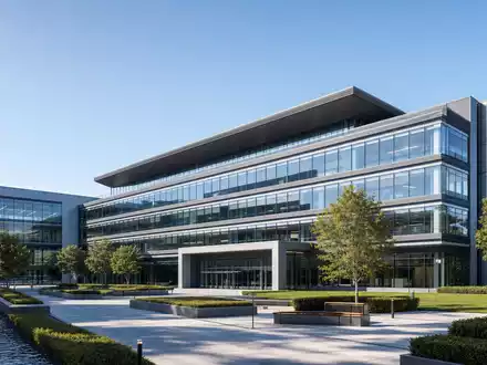 CDW Corp. prÀsentiert modernes Technologiezentrum als 3D-Architekturrender mit Glasfassade und Innenhof, Aktie ISIN US1258961002 - Foto: THN