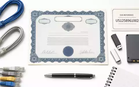 CDW Corp. Flatlay mit Börsenzertifikat, ISIN-Referenzkarte US1258961002, Ethernet-Kabeln, USB-Laufwerken und weiteres IT-Zubehör - Foto: THN