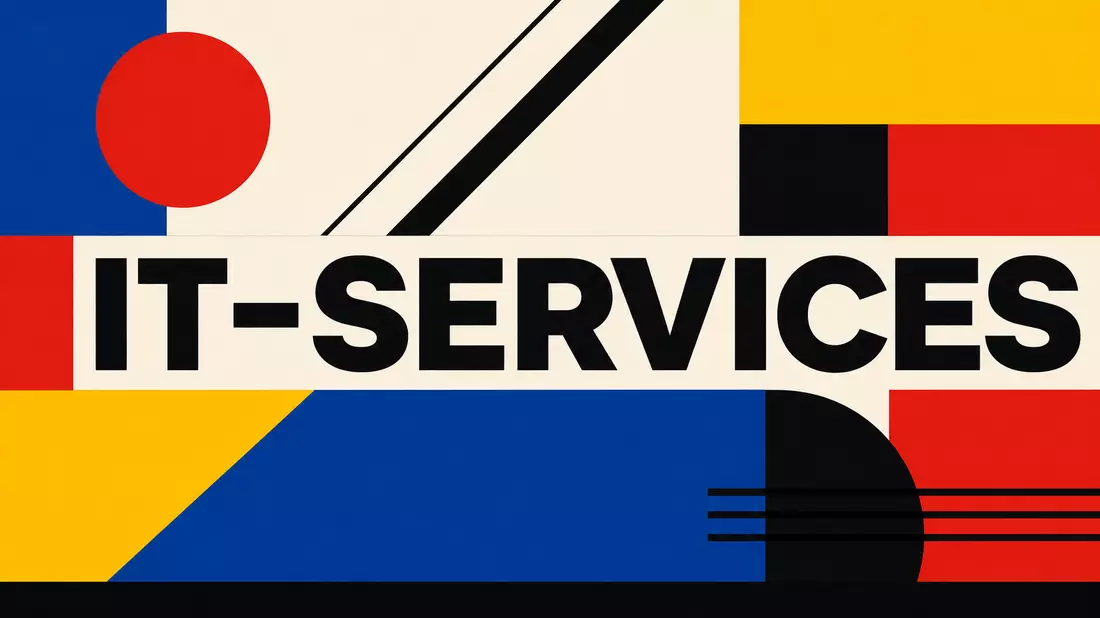 Bauhaus-Poster mit geometrischen Formen und IT-SERVICES-Schriftzug in Primärfarben