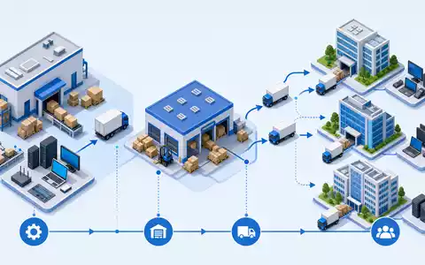CDW Corp. IT-Lieferkette als isometrisches 3D-Diagramm von Hersteller zu Enterprise-Kunden, ISIN US1258961002 - Foto: THN
