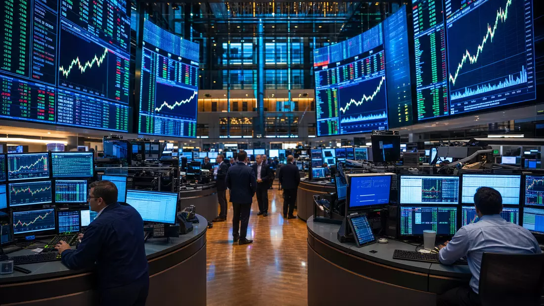 Redaktionsfoto des NASDAQ-Handelsparketts mit Techniksektor-Charts auf digitalen Anzeigetafeln