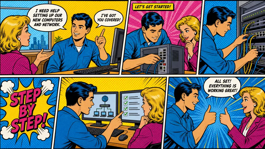 Pop-Art-Comic-Szene eines IT-Technikers beim Einrichten von Computern für Geschäftskunden