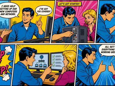 CDW Corp. IT-Helpdesk als bunter Pop-Art-Comic, Techniker hilft Geschäftskunden bei Netzwerkeinrichtung, ISIN US1258961002 - Foto: THN