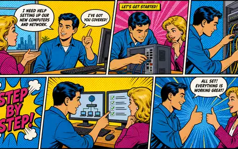 CDW Corp. IT-Helpdesk als bunter Pop-Art-Comic, Techniker hilft GeschÀftskunden bei Netzwerkeinrichtung, ISIN US1258961002 - Foto: THN