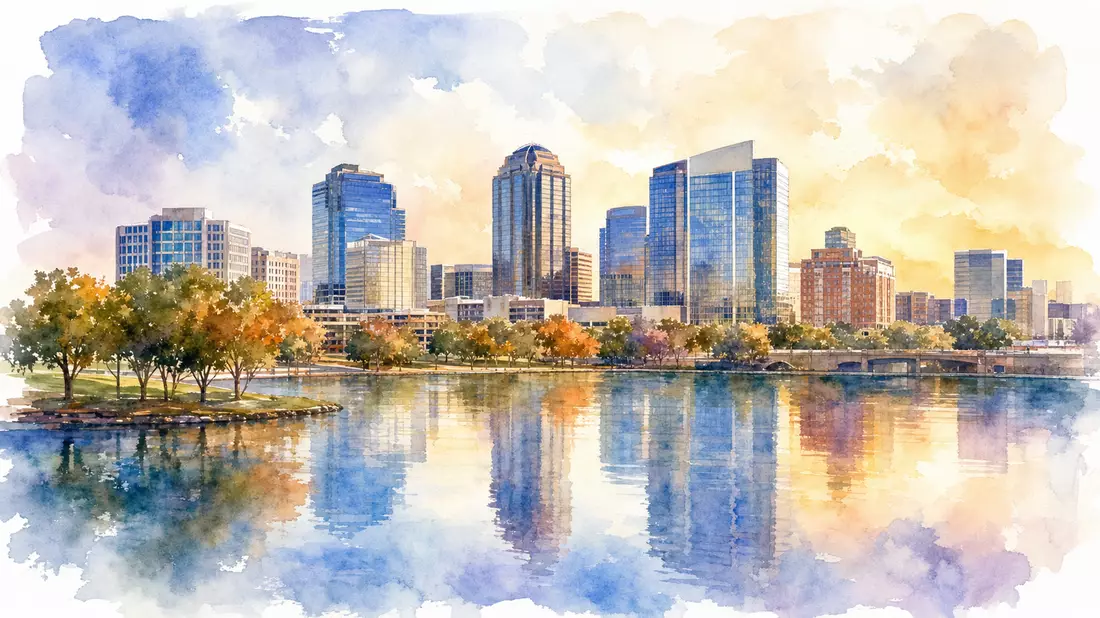 Aquarellmalerei der Irving-Texas-Skyline mit modernen Bürotürmen und Wasserreflektion