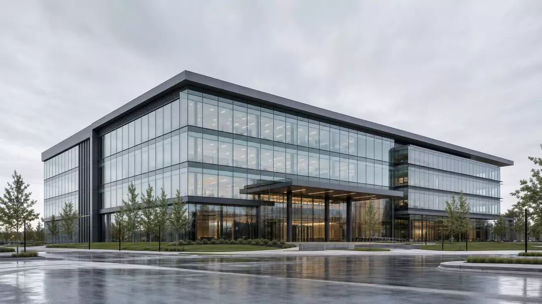 CGI-Render eines modernen Glasfassaden-Bürogebäudes in Las Colinas Texas bei bedecktem Himmel