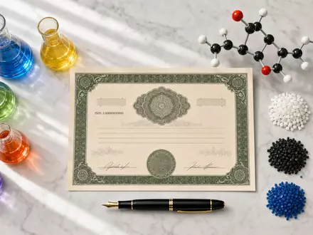 Celanese Corp. Flatlay mit Aktienzertifikat Polymer-Granulat Laborflaschen und Molekülmodell auf Marmor US1510201049 - Foto: THN