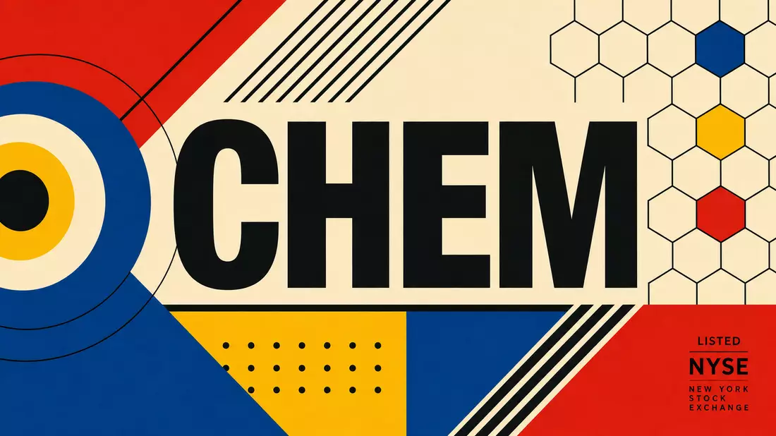 Bauhaus-Poster in Primärfarben mit geometrischen Formen, dem Text CHEM und NYSE-Verweis