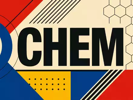 Celanese Corp. Bauhaus-Grafikposter mit großem CHEM-Sektor-Text geometrischen Primärfarben-Formen und kleinem NYSE-Kürzel US1510201049 - Foto: THN