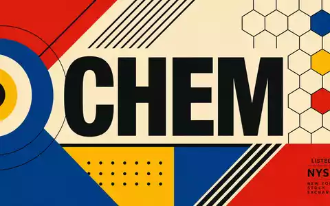 Celanese Corp. Bauhaus-Grafikposter mit großem CHEM-Sektor-Text geometrischen Primärfarben-Formen und kleinem NYSE-Kürzel US1510201049 - Foto: THN