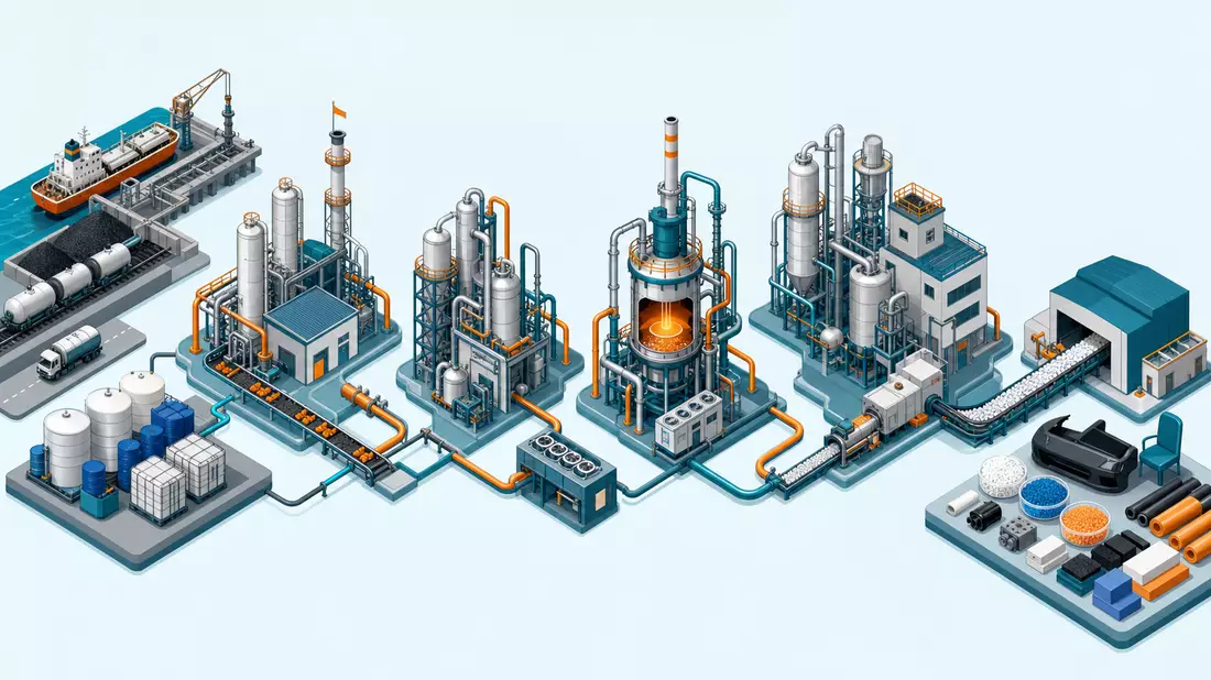 Isometrische 3D-Illustration der Chemieprozess-Wertschöpfungskette von Rohstoff bis Fertigprodukt