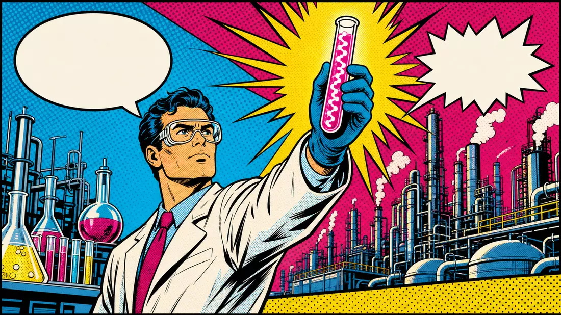 Pop-Art-Comicbild eines Laborforschers mit leuchtendem Reagenzglas vor stilisierter Chemieanlage