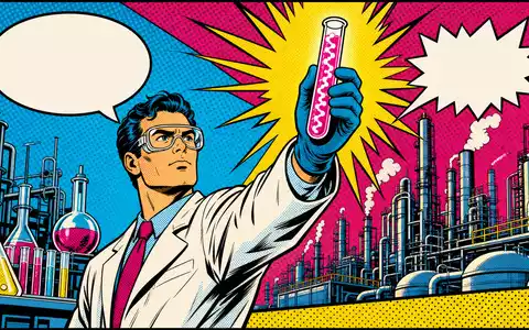 Celanese Corp. Pop-Art-Comic zeigt Wissenschaftler mit leuchtendem Reagenzglas vor Industrieanlage im Hintergrund US1510201049 - Foto: THN