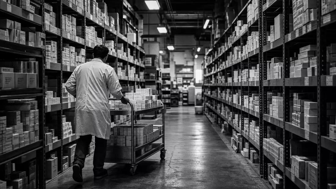 Schwarzweiß-Reportagefoto eines Arbeiters im Pharmalager zwischen hohen Regalreihen