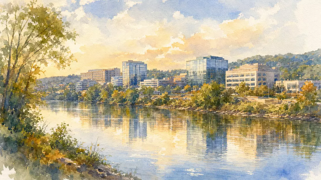 Aquarellmalerei des Firmensitzes Conshohocken Pennsylvania am Fluss bei Abenddämmerung