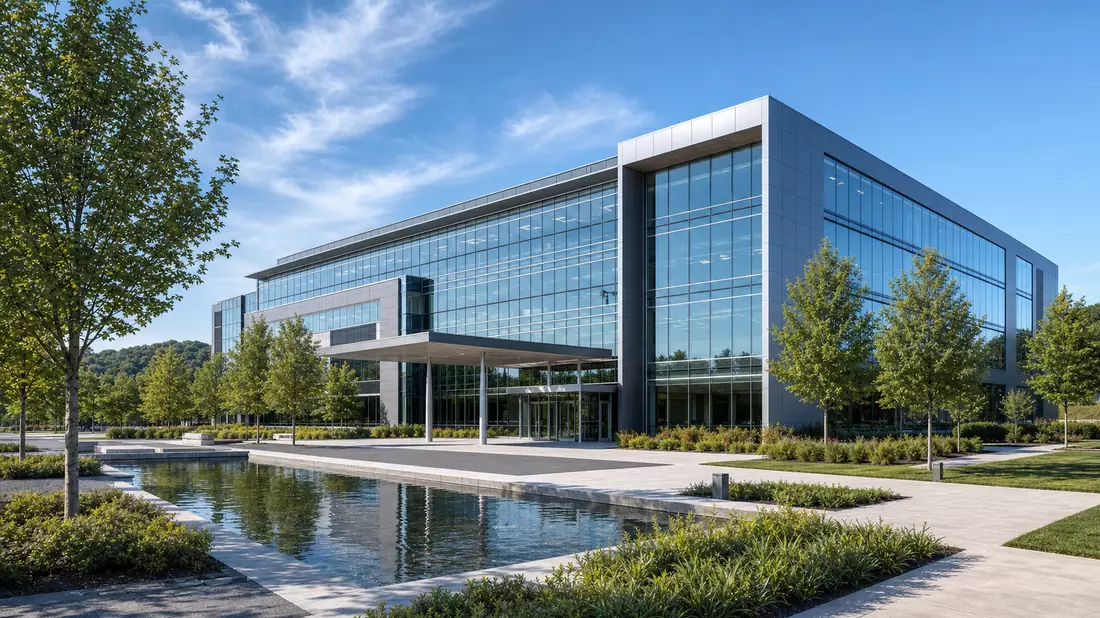 CGI-Architekturrender eines modernen Pharmaunternehmens-Hauptquartiers mit Glasfassade