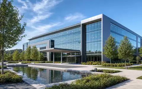 Cencora Inc. repräsentatives Glasgebäude US15135B1017 als realistisches CGI-Architektur-Render mit Spiegelteich und Parkanlage - Foto: THN